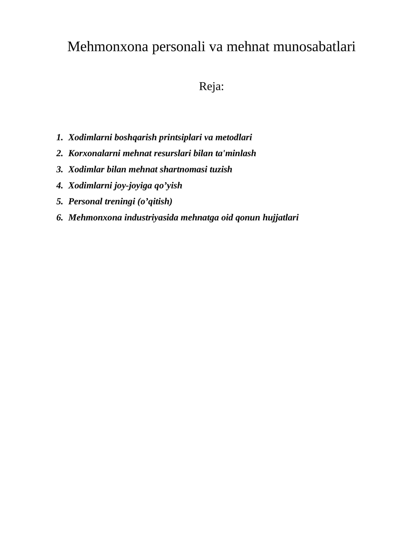 Mеhmonxona pеrsonali va mеhnat munosabatlari