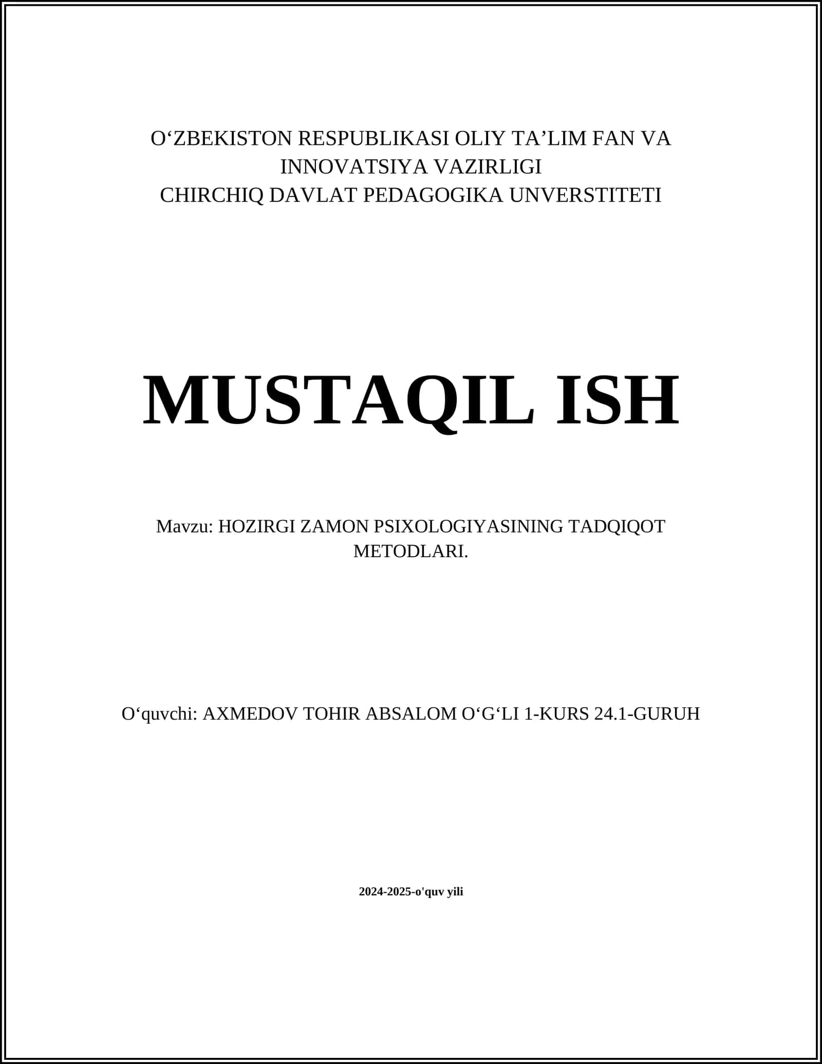 HOZIRGI ZAMON PSIXOLOGIYASINING TADQIQOT METODLARI