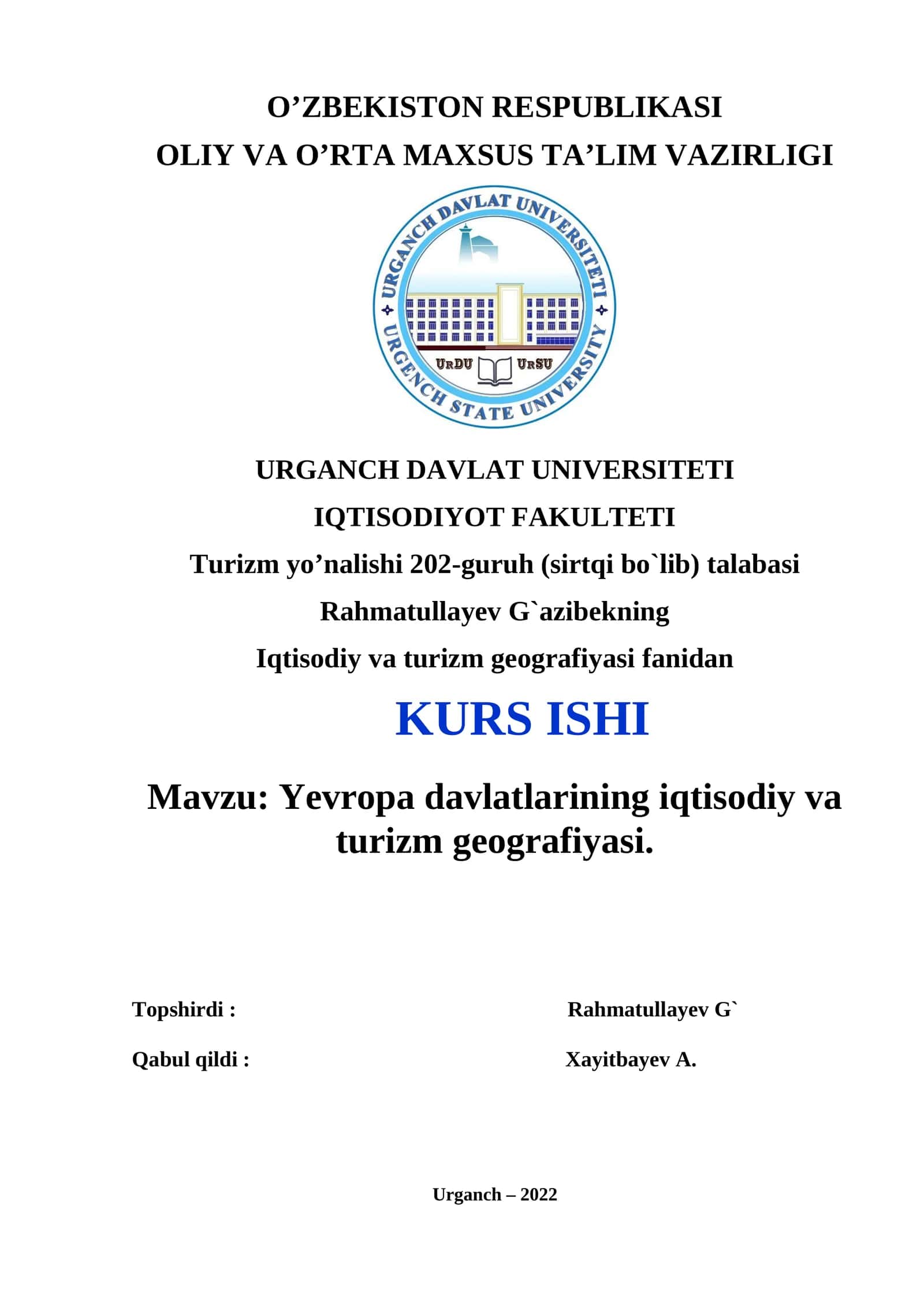 Yevropa davlatlarining iqtisodiy va turizm geografiyasi
