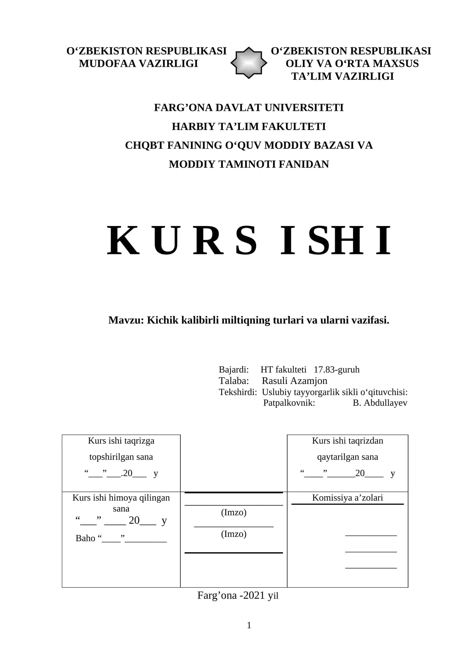 Kichik kalibirli miltiqning turlari va ularni vazifasi