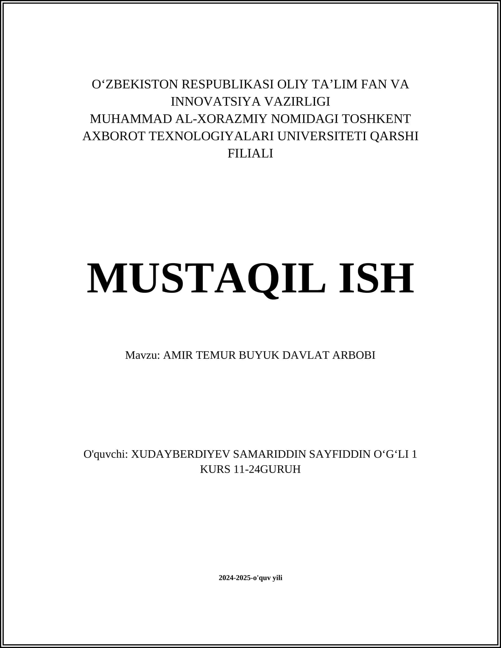 AMIR TEMUR BUYUK DAVLAT ARBOBI