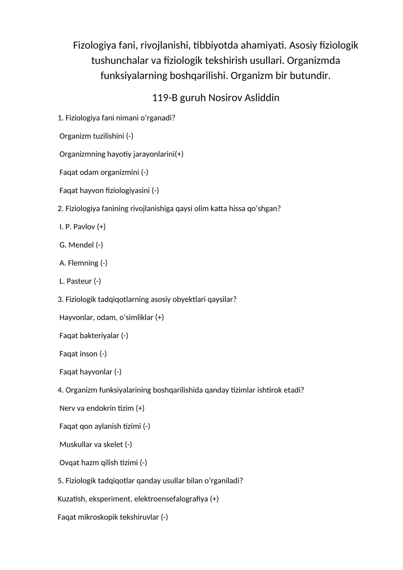 Fiziologiya fanining rivojlanishi va tibbiyotdagi ahamiyati
