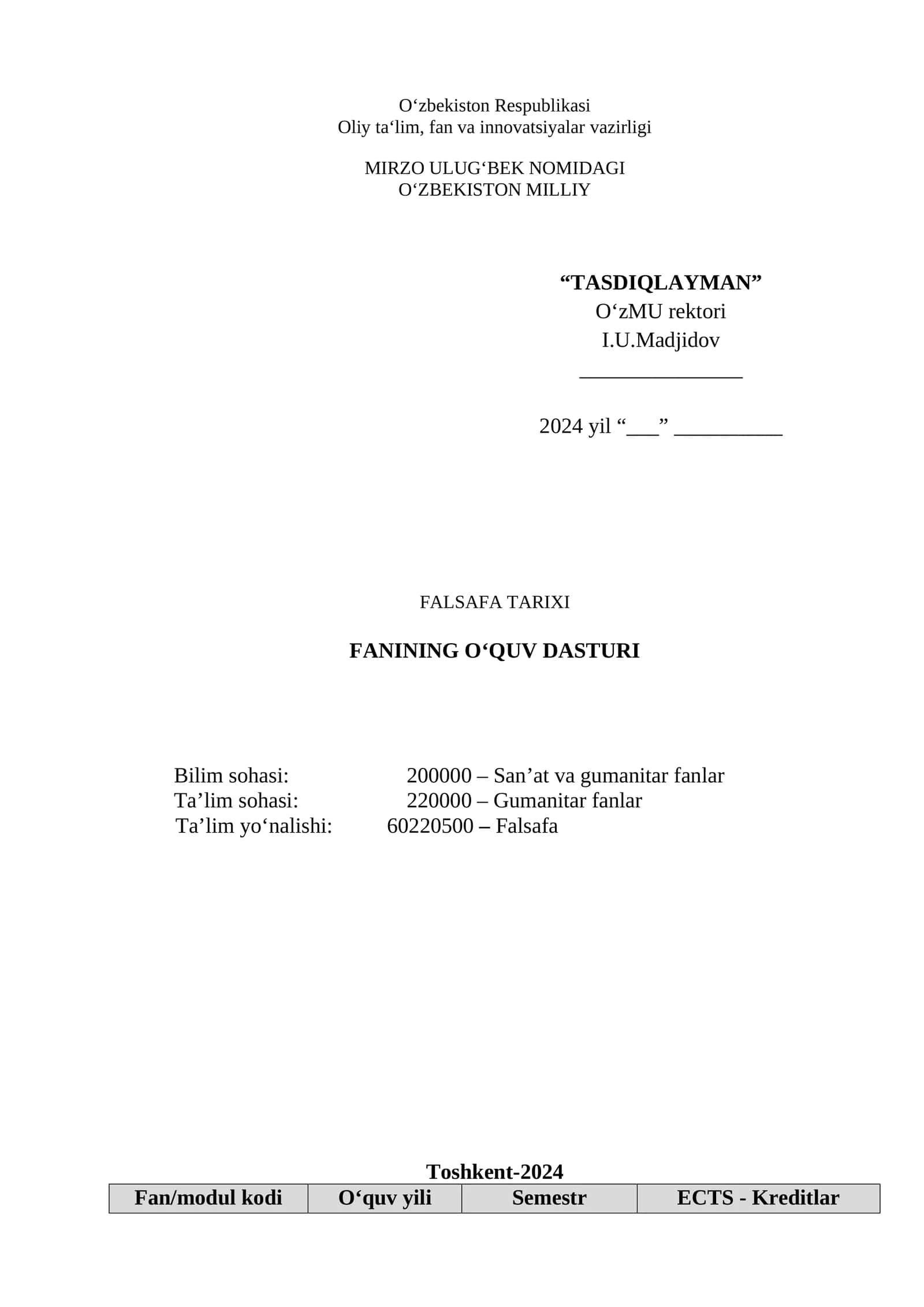 FALSAFA TARIXI FANINING O‘QUV DASTURI