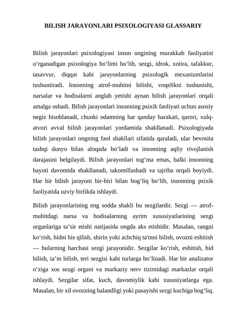 BILISH JARAYONLARI PSIXOLOGIYASI GLASSARIY
