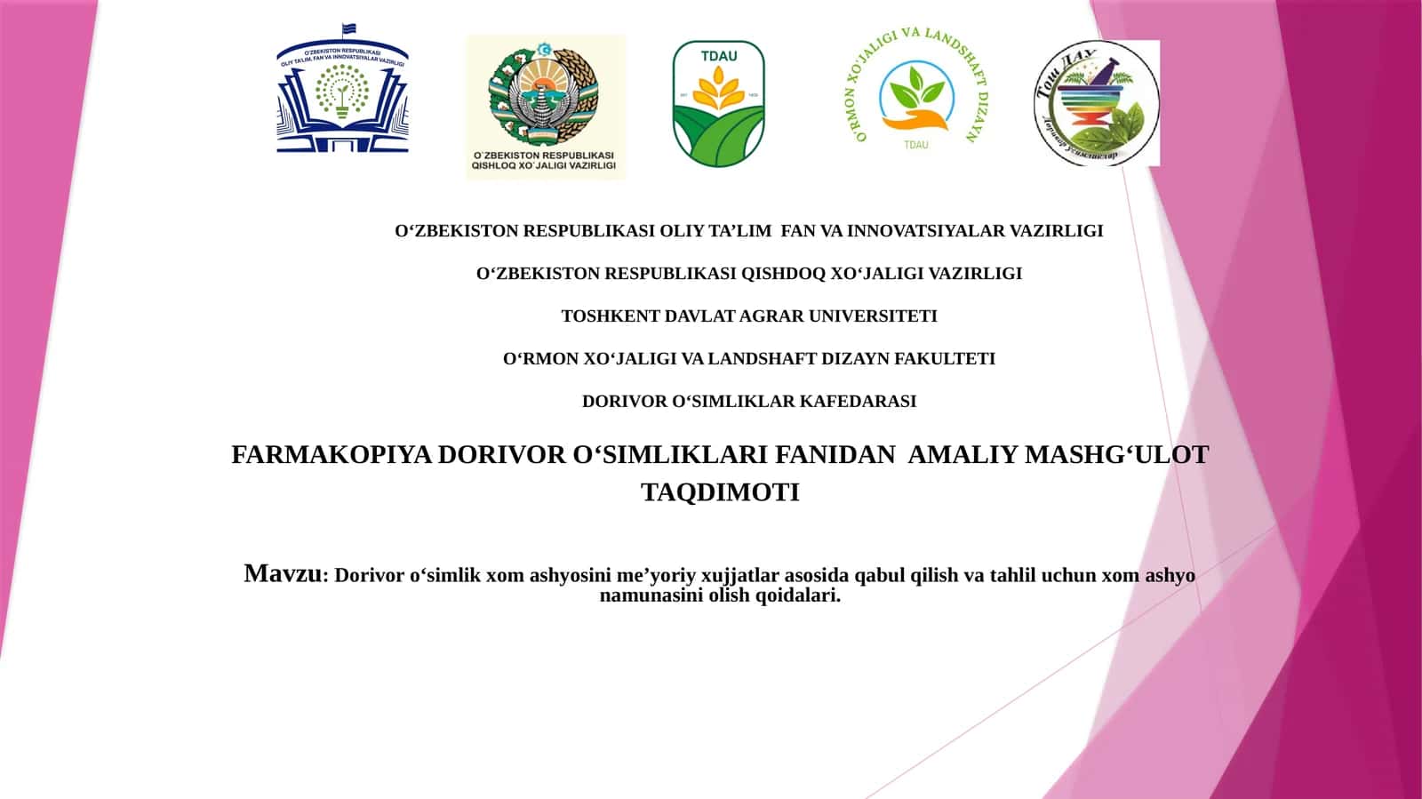 Dorivor o‘simlik xom ashyosini me’yoriy xujjatlar asosida qabul qilish va tahlil uchun xom ashyo namunasini olish qoidalari.