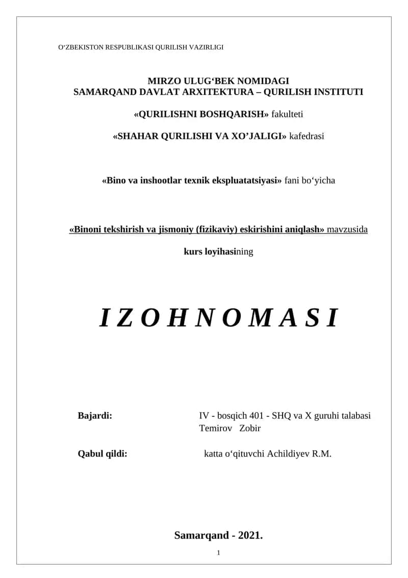"Binoni tekshirish va jismoniy (fizikaviy) eskirishini aniqlash"
