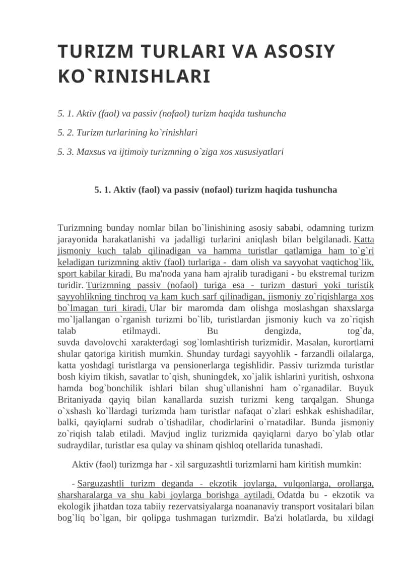 TURIZM TURLARI VA ASOSIY KO`RINISHLARI