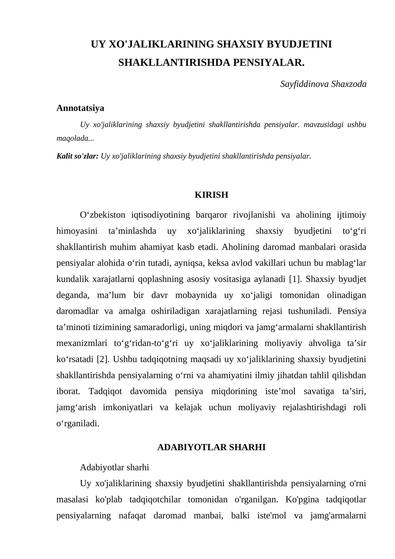 UY XO'JALIKLARINING SHAXSIY BYUDJETINI SHAKLLANTIRISHDA PENSIYALAR