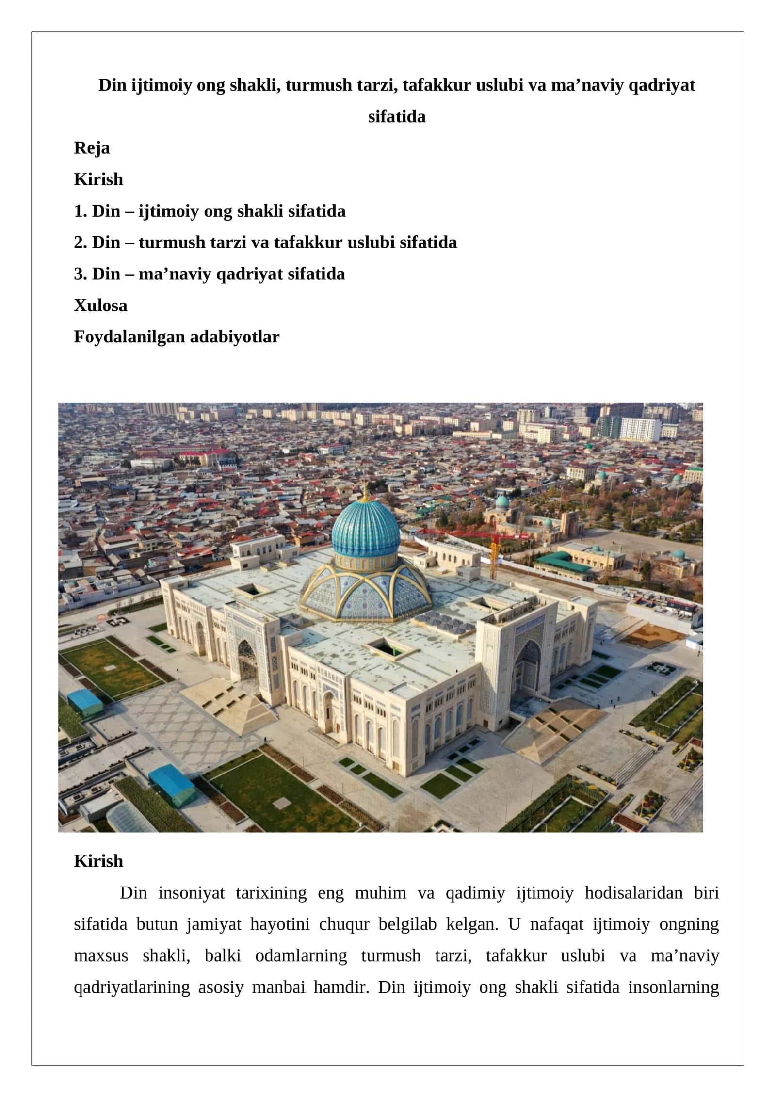 Din ijtimoiy ong shakli, turmush tarzi, tafakkur uslubi va ma’naviy qadriyat sifatida