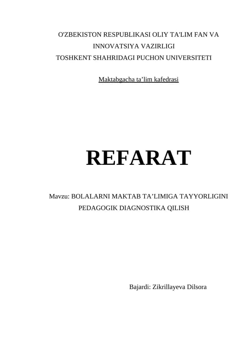 Bolalarni Maktab Ta’limiga Tayyorligini Pedagogik Diagnostika Qilish