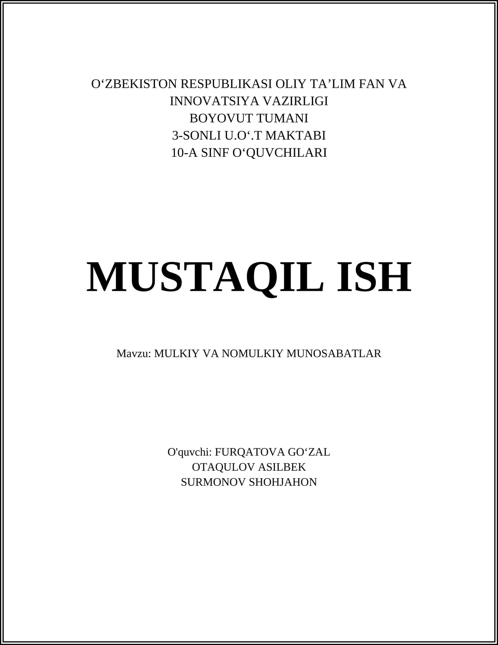 Mulkiy va Nomulkiy Munosabatlar