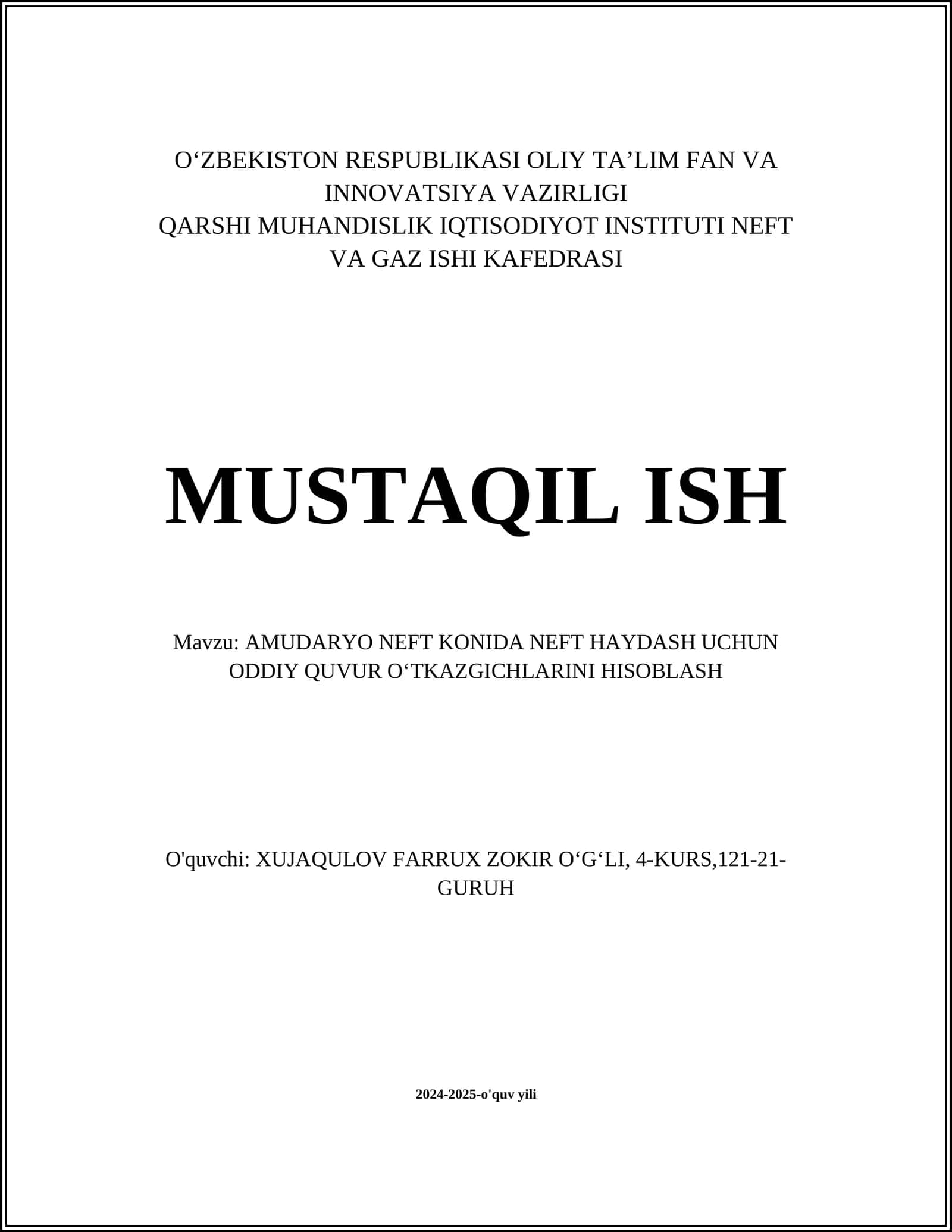 AMUDARYO NEFT KONIDA NEFT HAYDASH UCHUN ODDIY QUVUR OʻTKAZGICHLARINI HISOBLASH