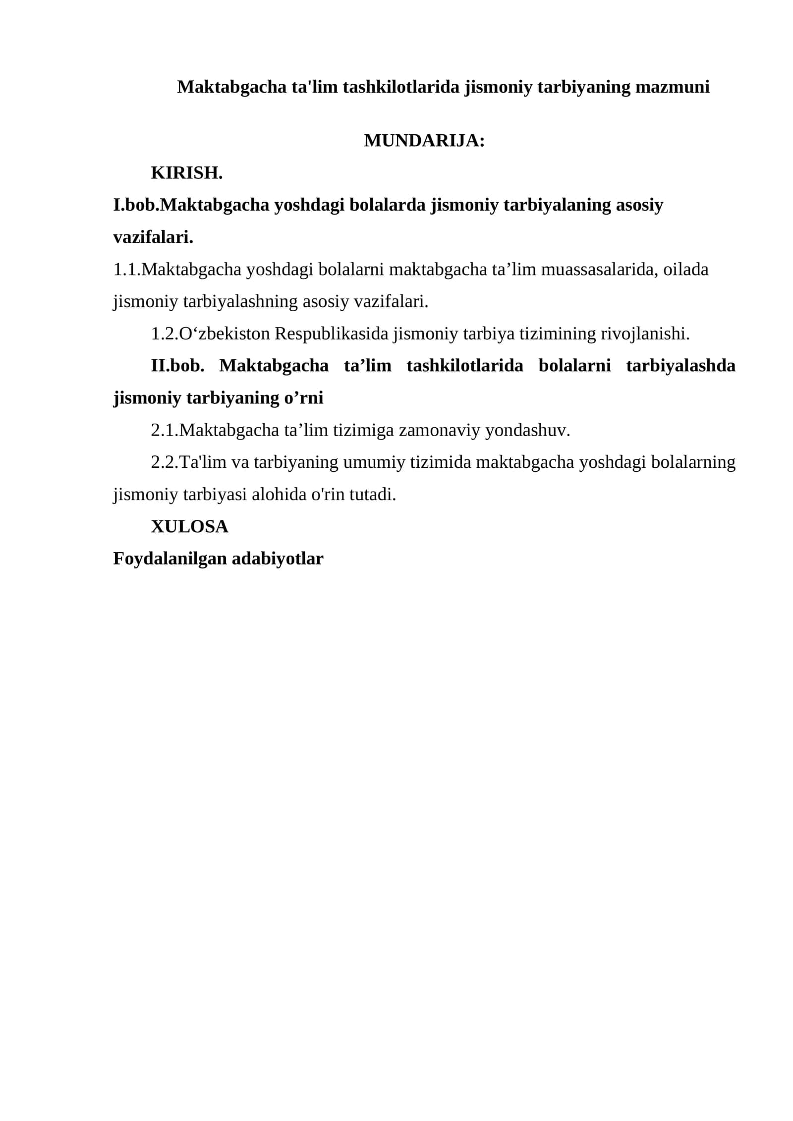 Maktabgacha ta'lim tashkilotlarida jismoniy tarbiyaning mazmuni