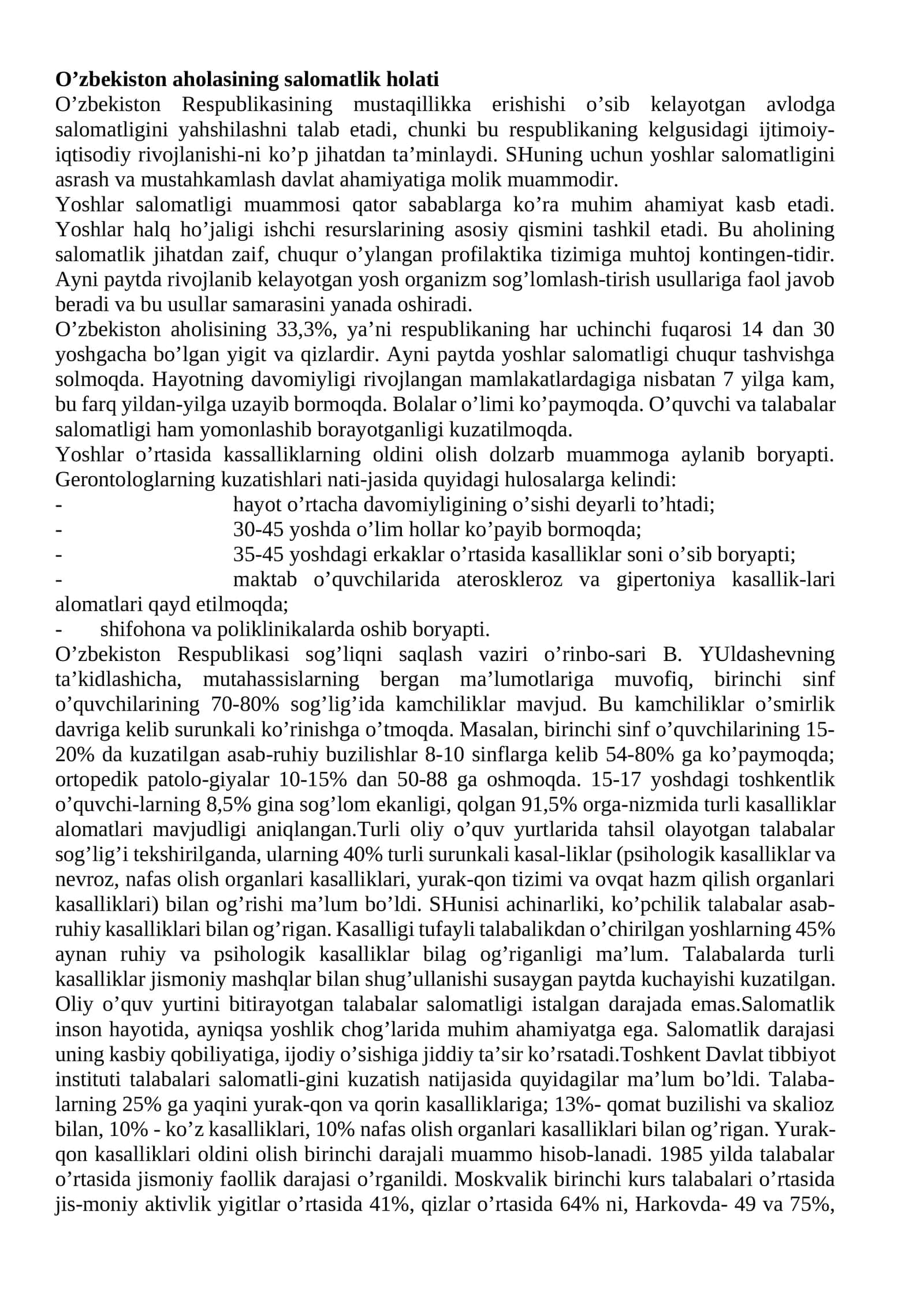 O’zbekiston aholisining salomatlik holati