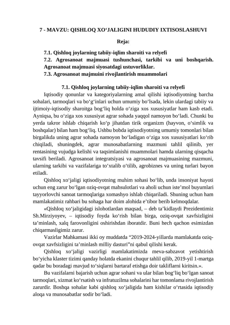 Qishloq xo‘jaligini hududiy ixtisoslashuvi