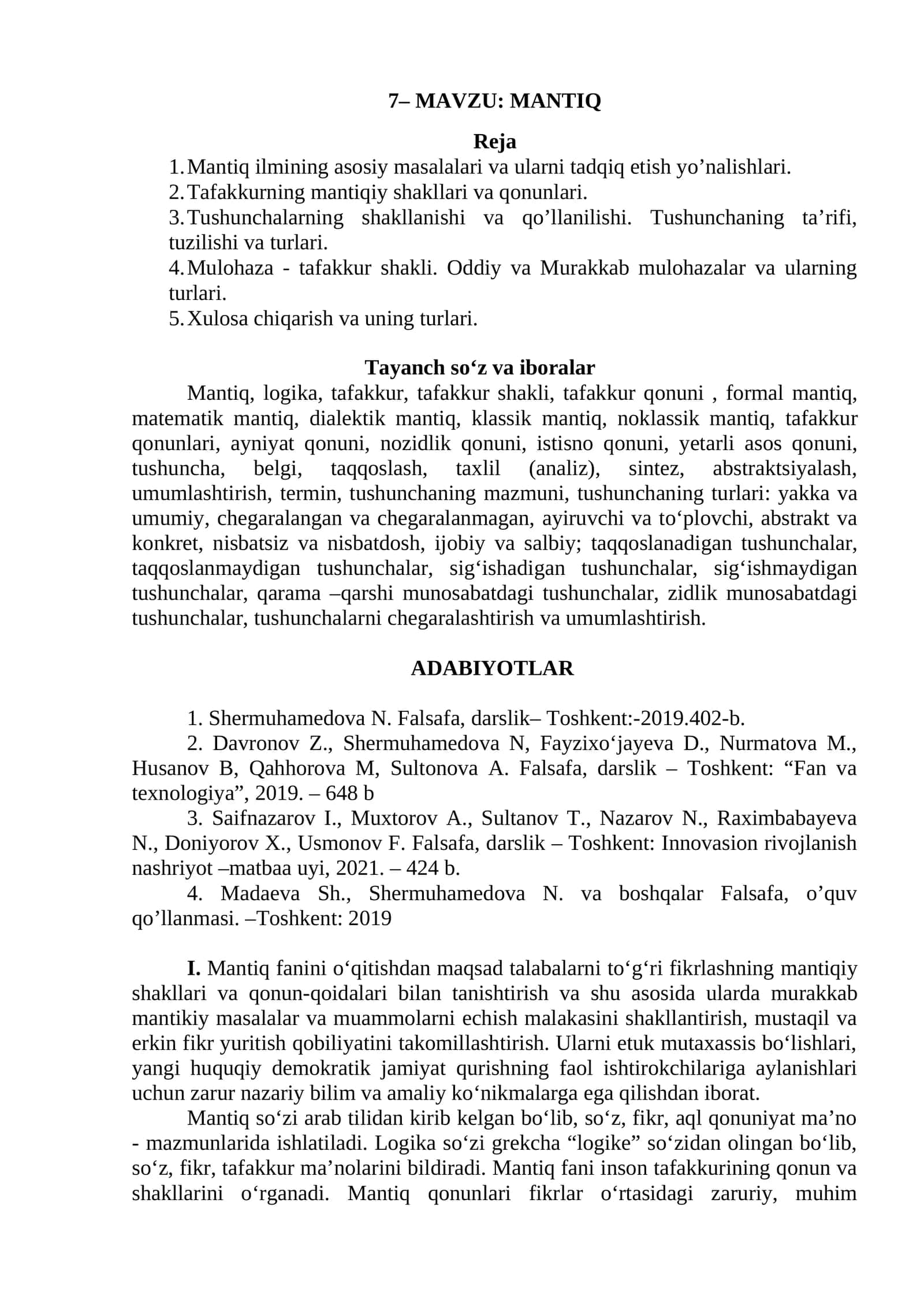 MАVZU: MANTIQ