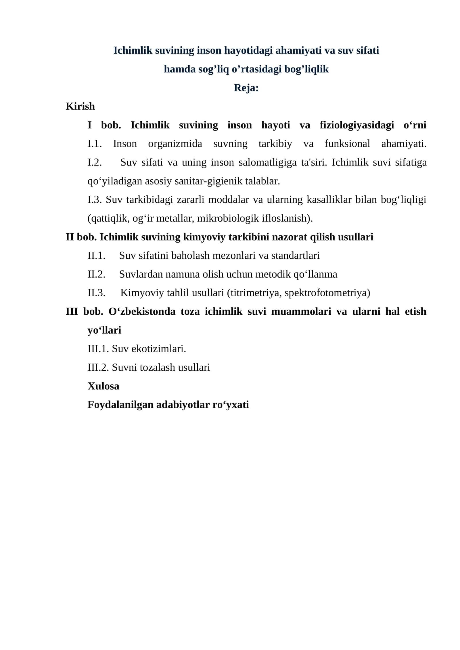 Ichimlik suvining inson hayotidagi ahamiyati va suv sifati  hamda sog’liq o’rtasidagi bog’liqlik