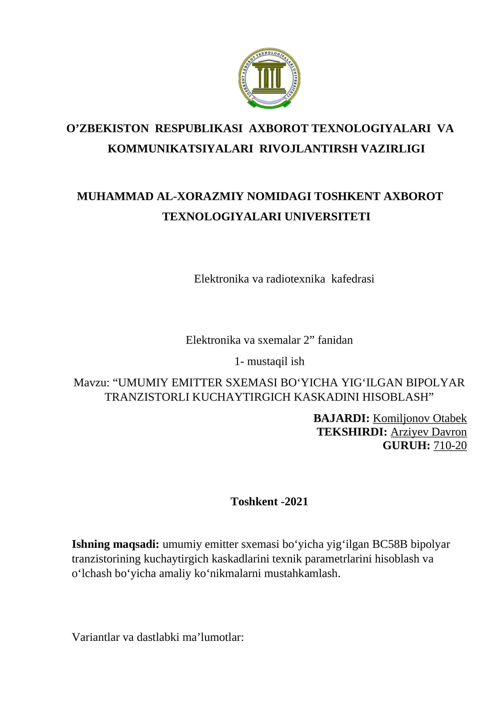 “UMUMIY EMITTER SXEMASI BOʻYICHA YIGʻILGAN BIPOLYAR TRANZISTORLI KUCHAYTIRGICH KASKADINI HISOBLASH”