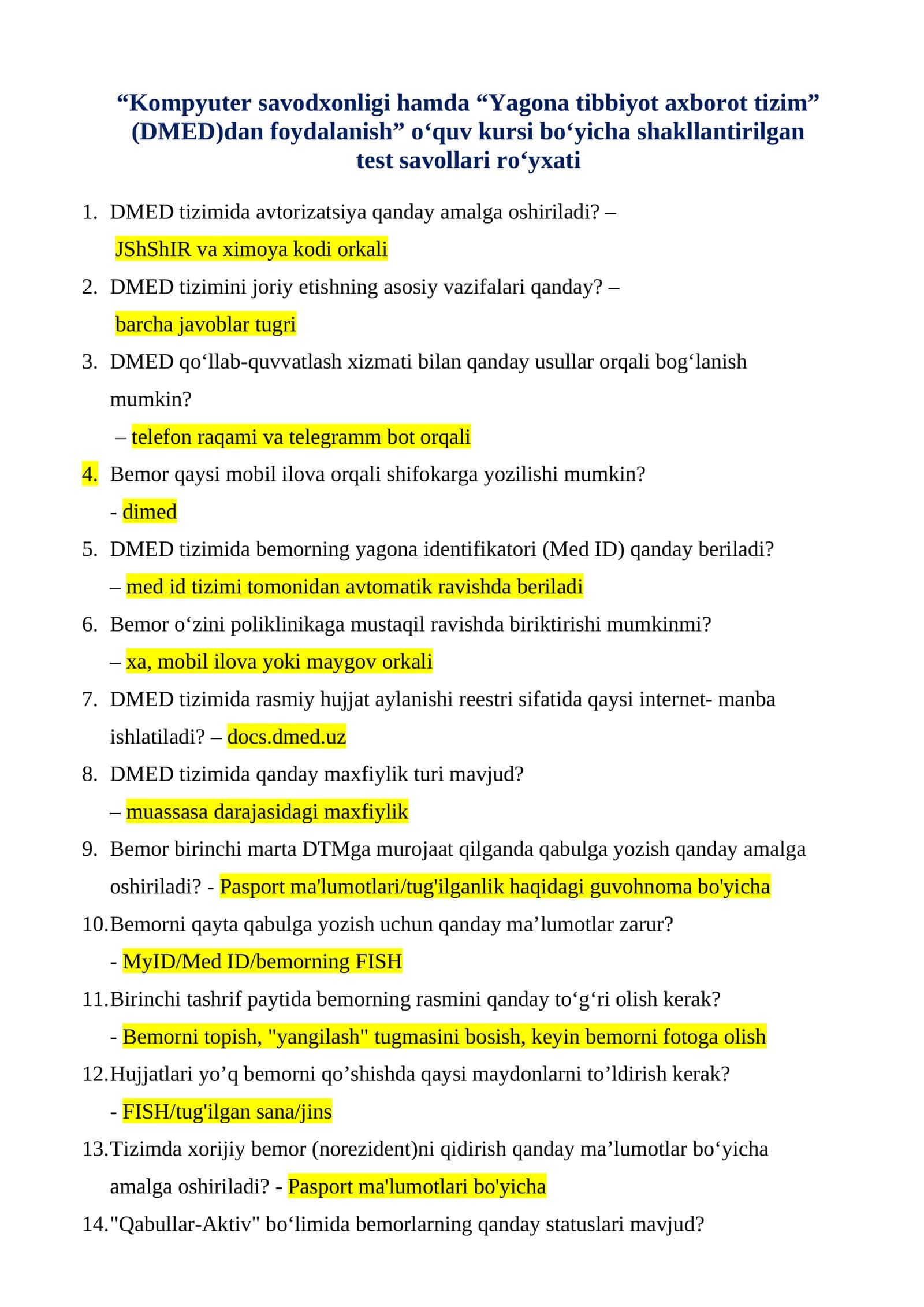 2026 DMED hamda Kompyuter savodxonligi test javoblari
