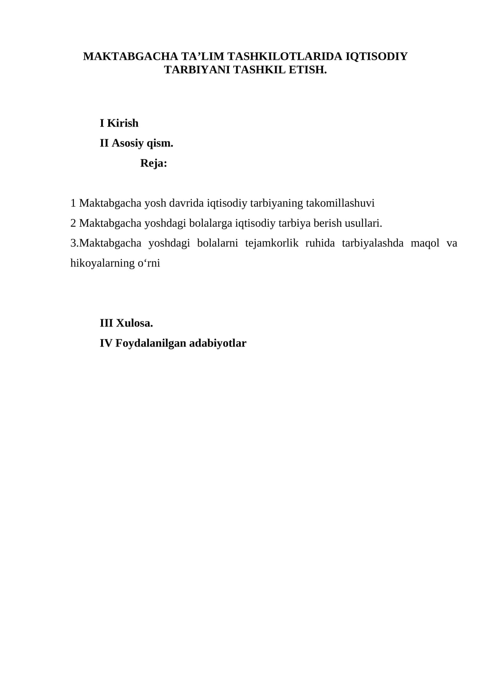 MAKTABGACHA TA’LIM TASHKILOTLARIDA IQTISODIY TARBIYANI TASHKIL ETISH