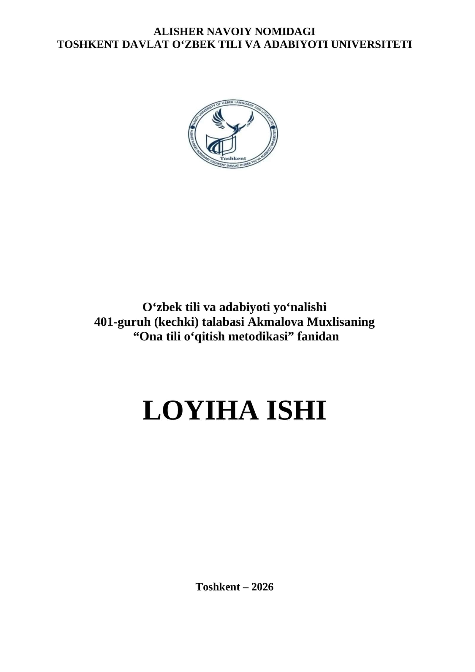 Ona tili o‘qitish metodikasi fanidan loyiha ishi
