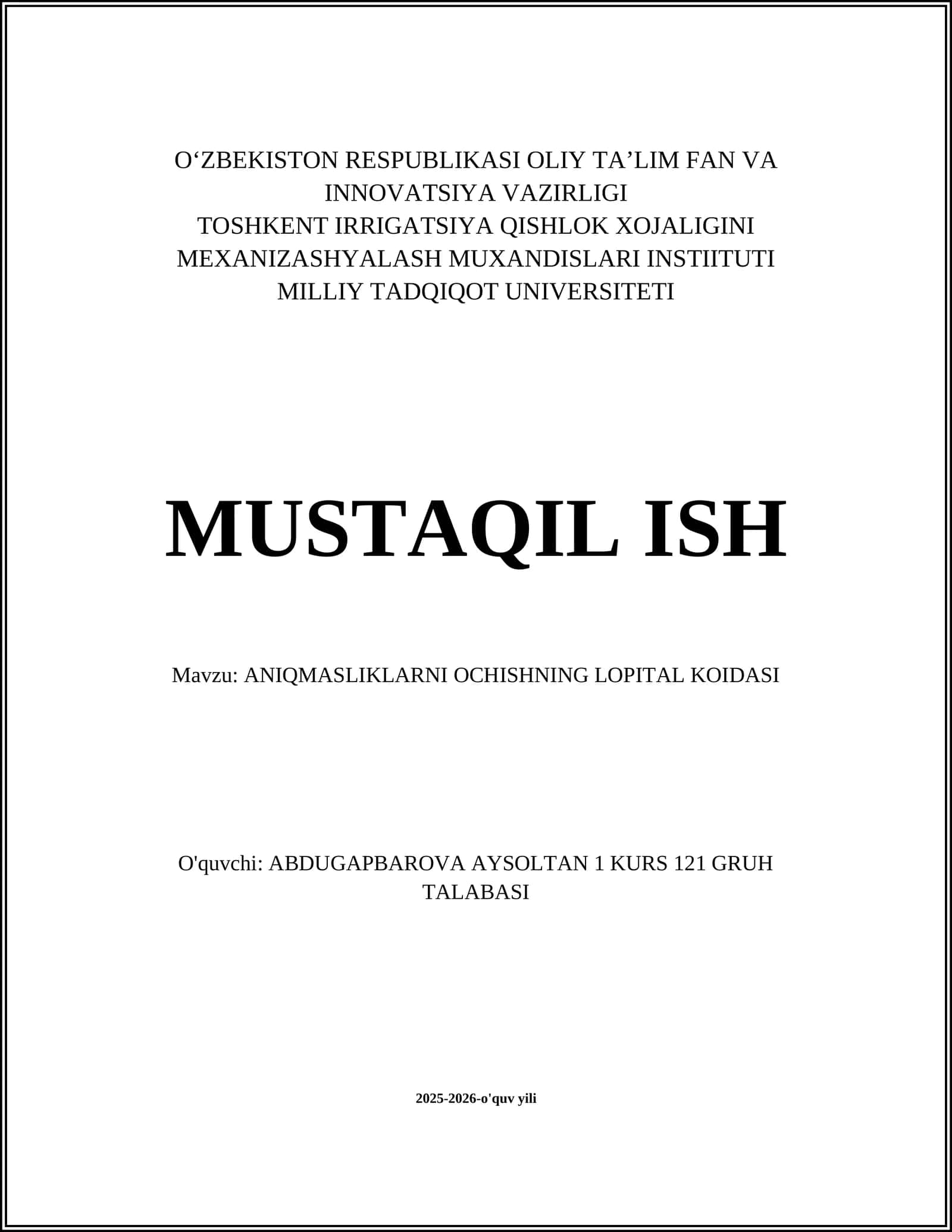 ANIQMASLIKLARNI OCHISHNING LOPITAL KOIDASI