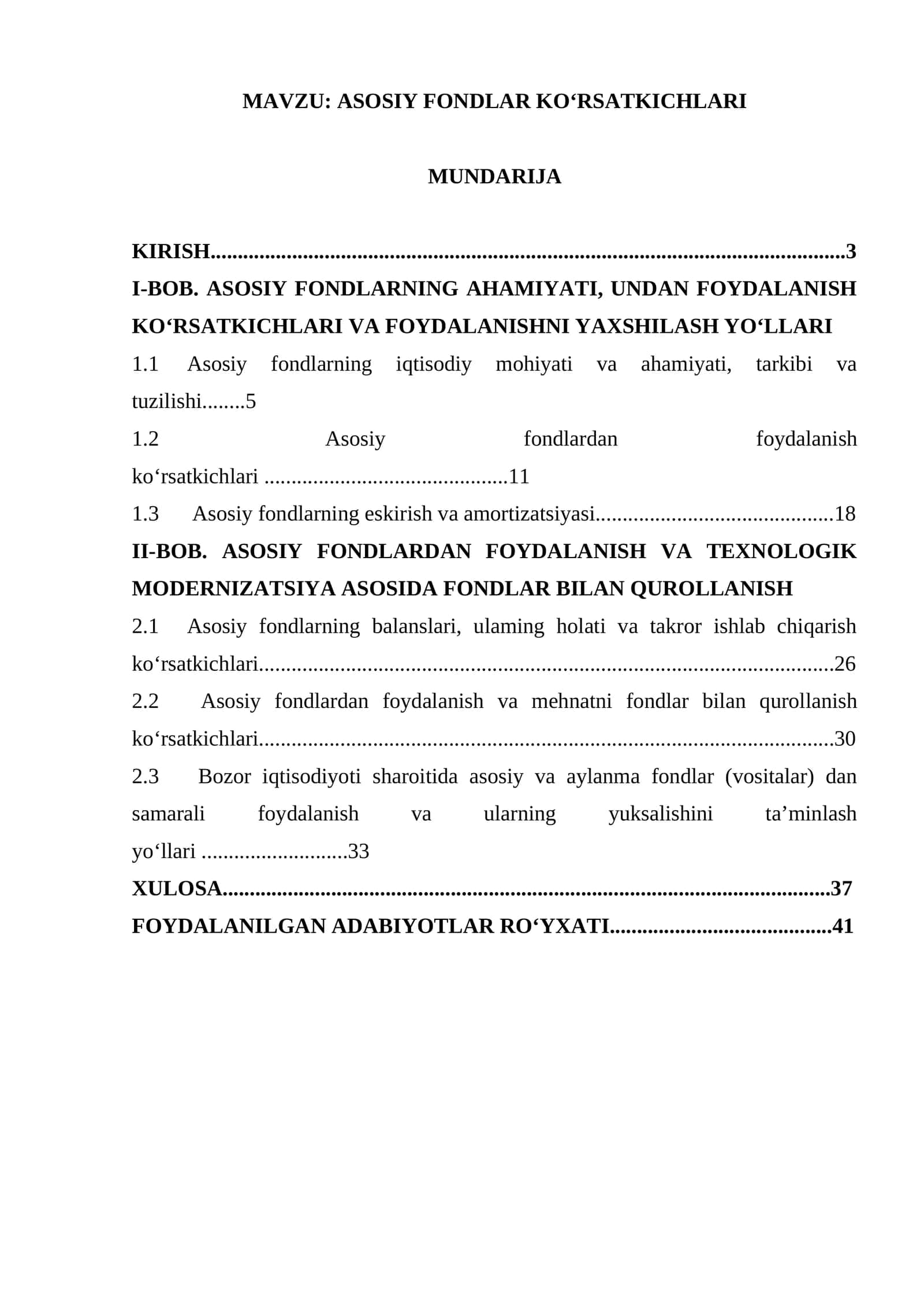ASOSIY FONDLAR KO‘RSATKICHLARI KURS ISHI