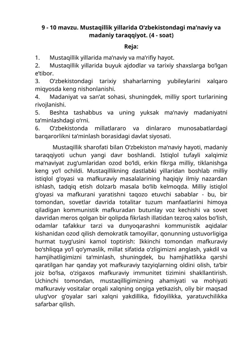 Mustaqilik yillarida O‘zbekistondagi ma’naviy va madaniy taraqqiyot