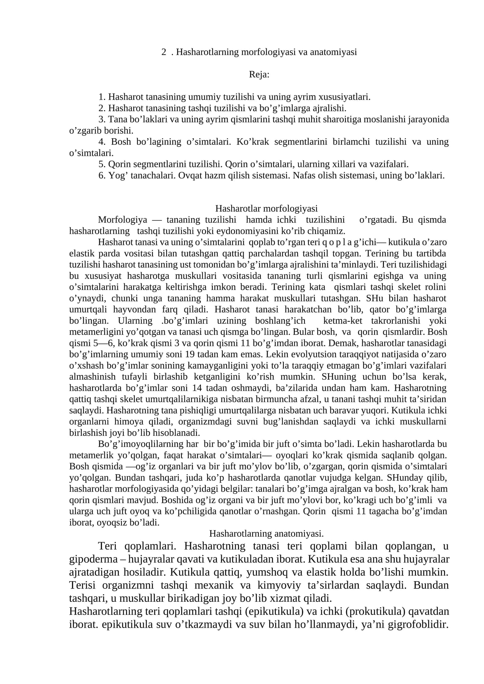 Hasharotlarning morfologiyasi va anatomiyasi
