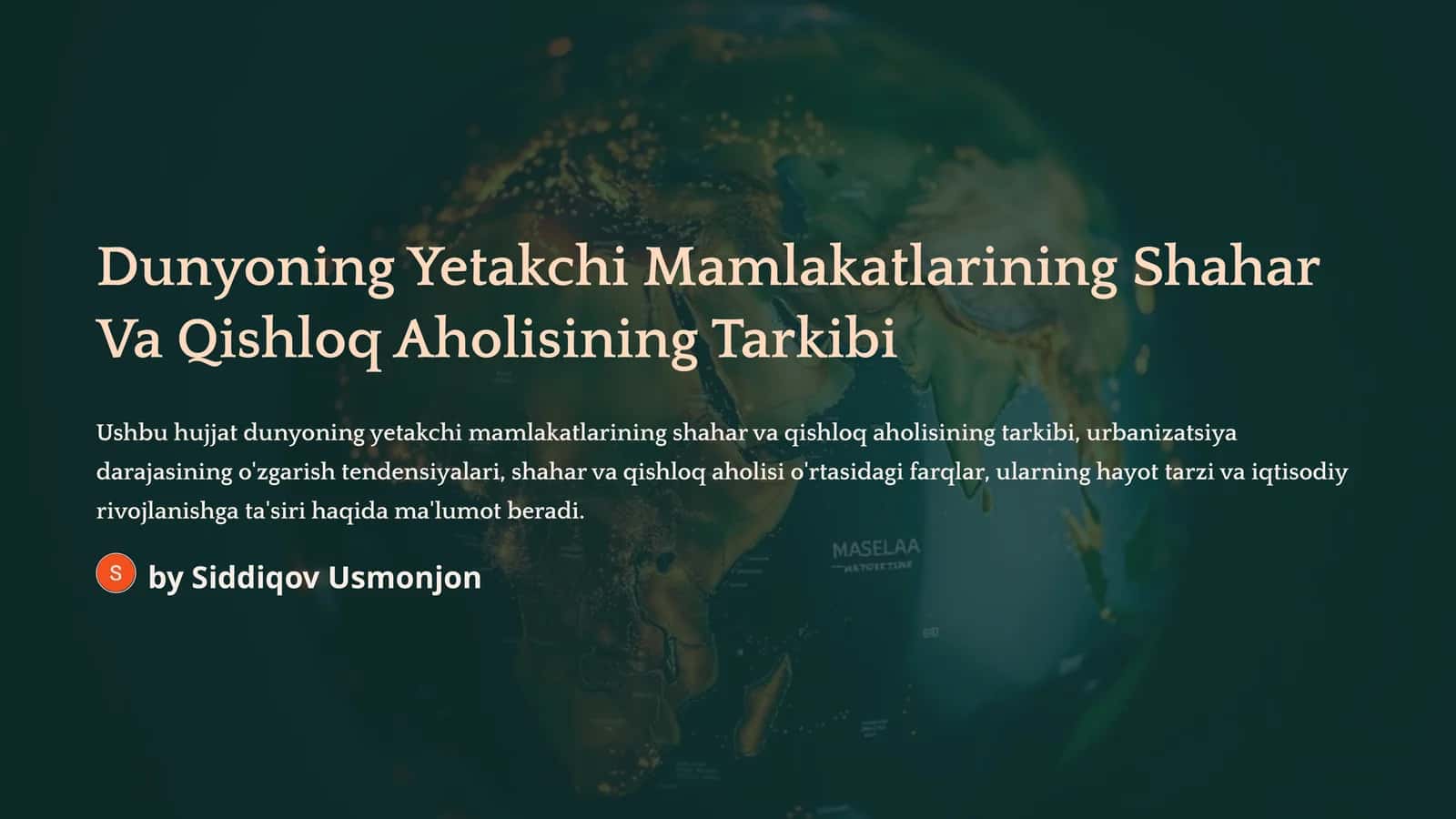 Dunyoning Yetakchi Mamlakatlarining Shahar Va Qishloq Aholisining Tarkibi