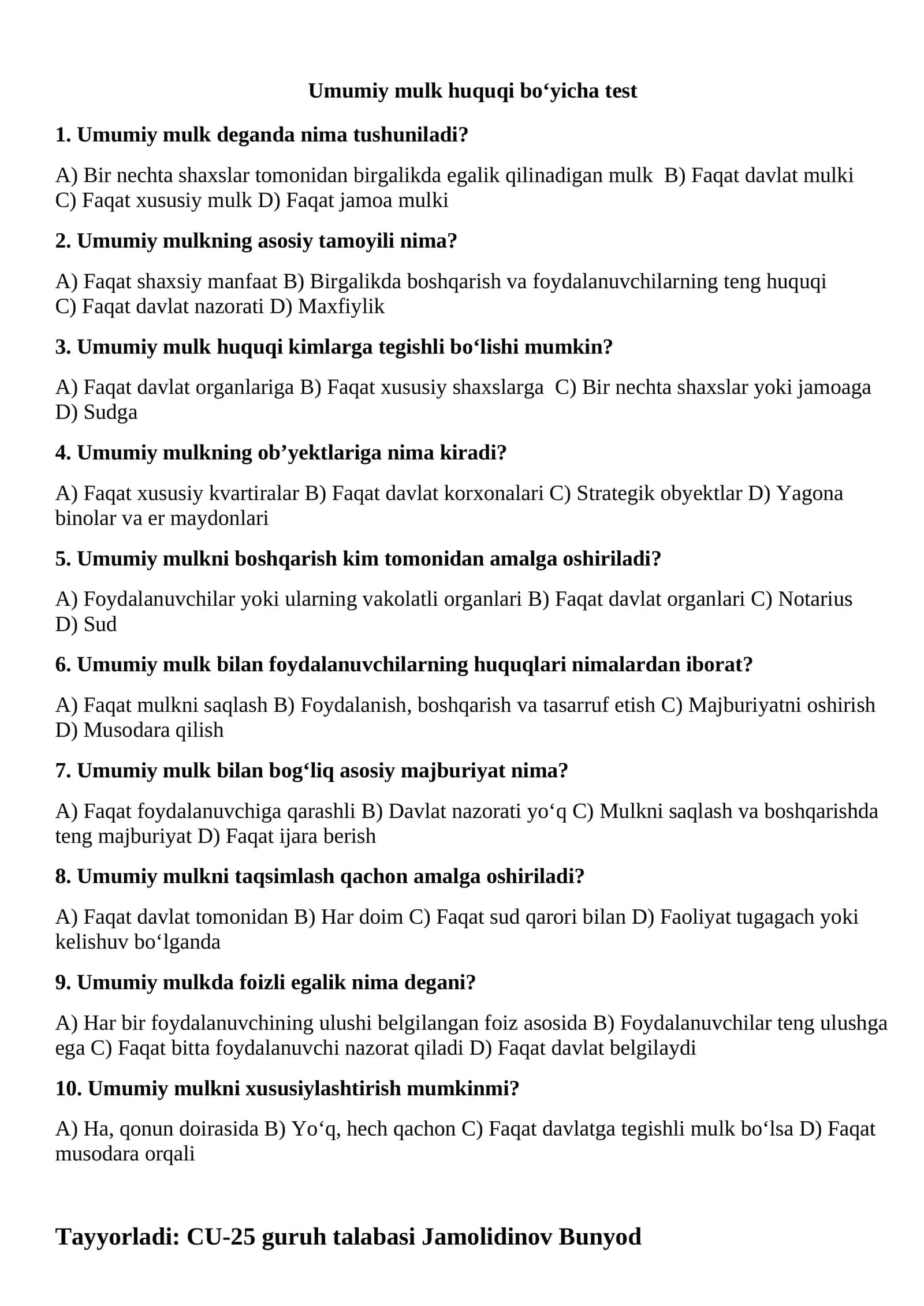 Umumiy mulk huquqi bo‘yicha test