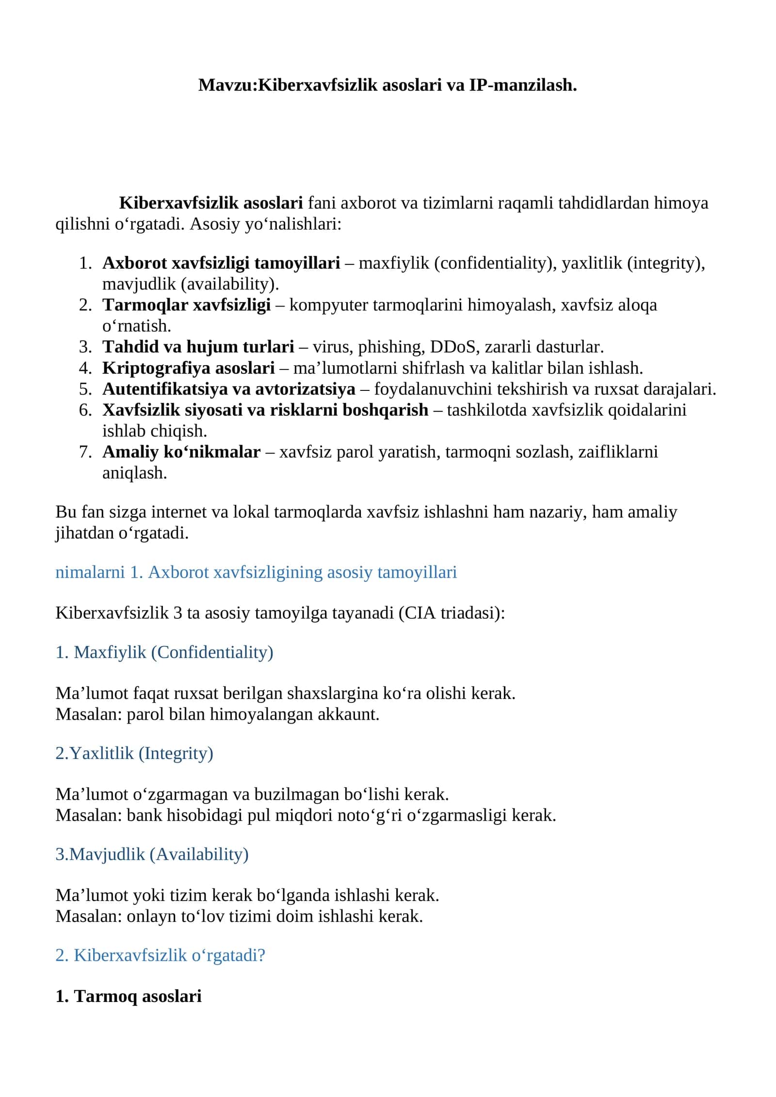 Kiberxavfsizlik asoslari va IP-manzilash