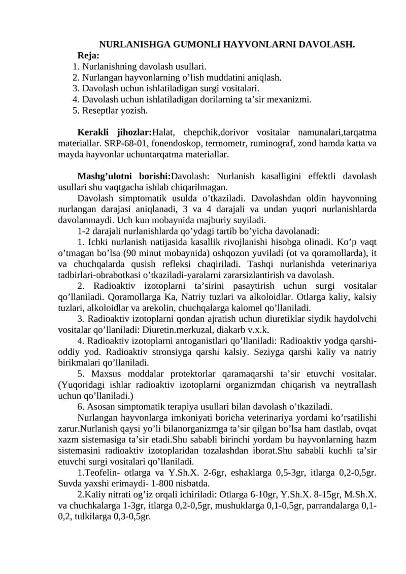NURLANISHGA GUMONLI HAYVONLARNI DAVOLASH