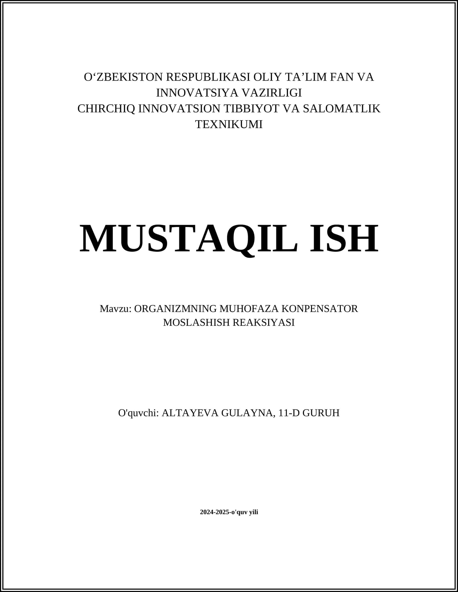 ORGANIZMNING MUHOFAZA KONPENSATOR MOSLASHISH REAKSIYASI