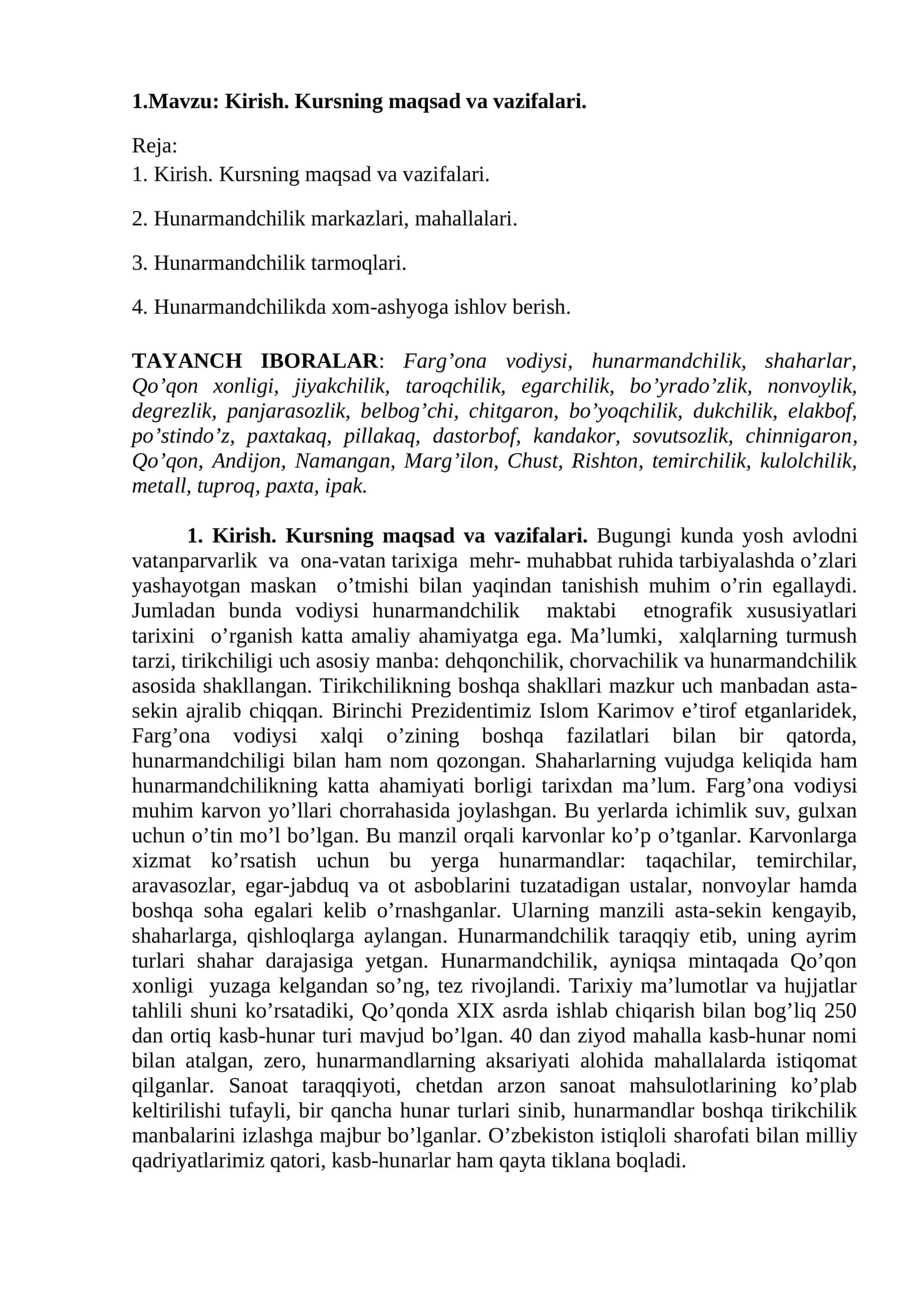 Kirish. Kursning maqsad va vazifalari