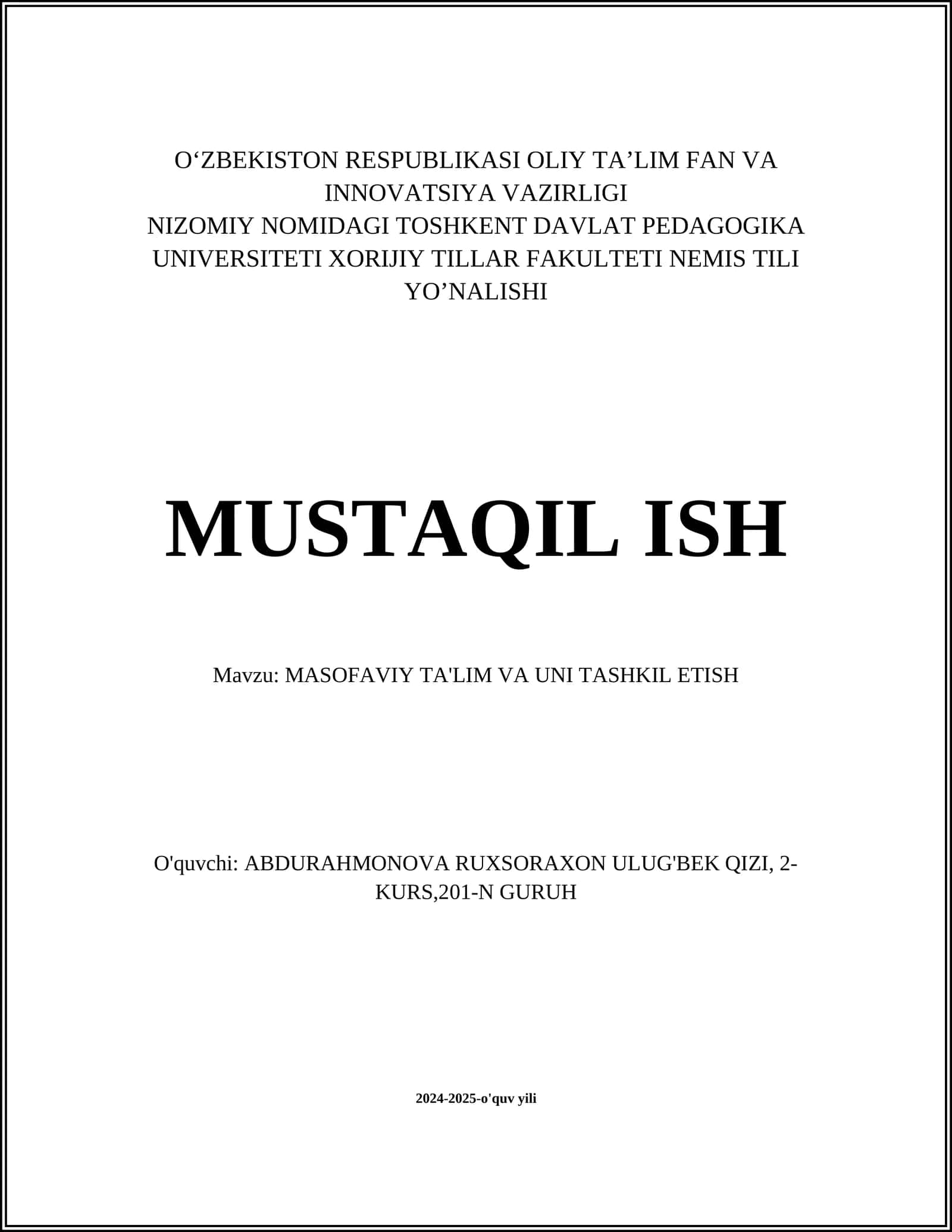 MASOFAVIY TA'LIM VA UNI TASHKIL ETISH