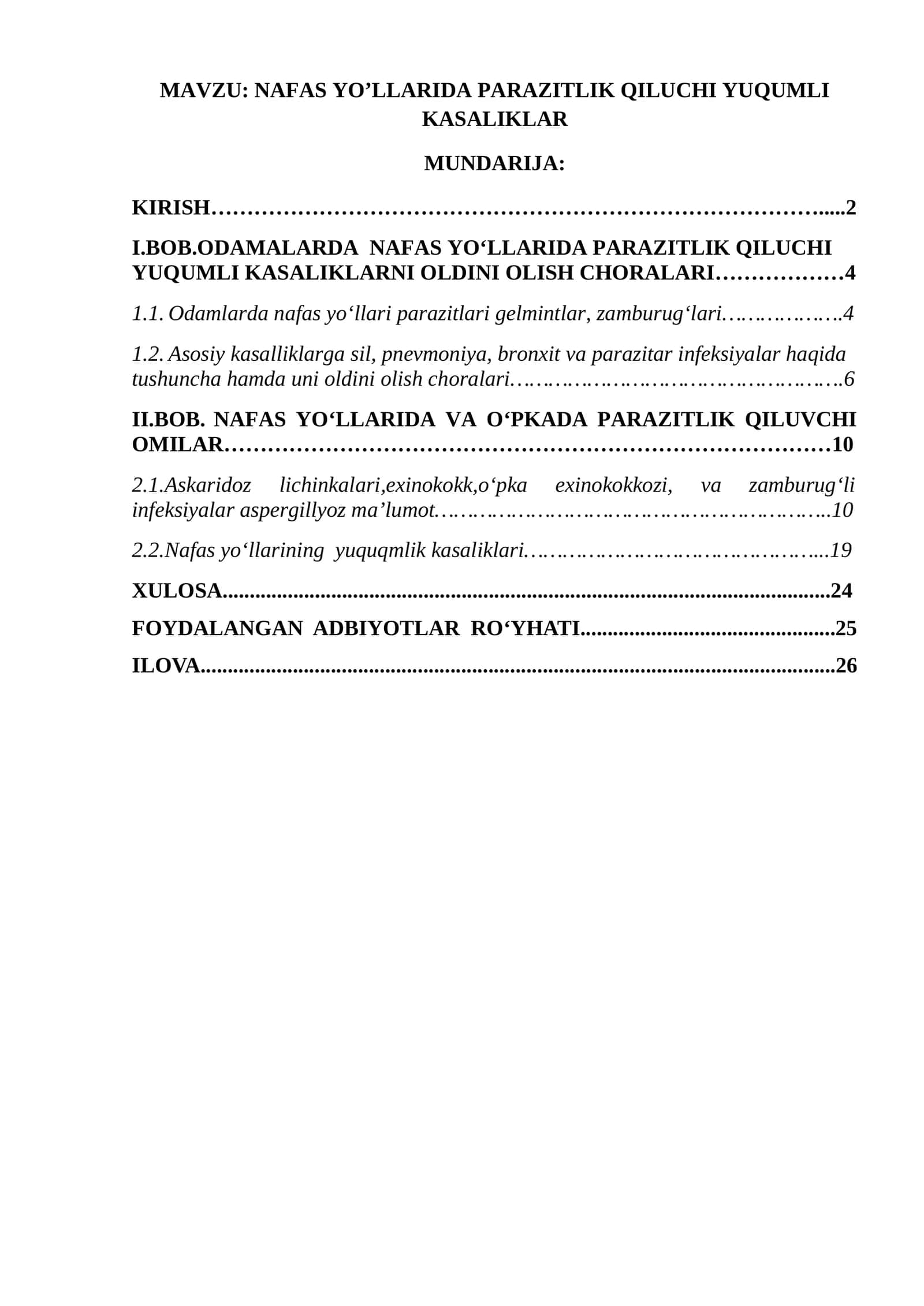 NAFAS YO’LLARIDA PARAZITLIK QILUCHI YUQUMLI KASALIKLAR