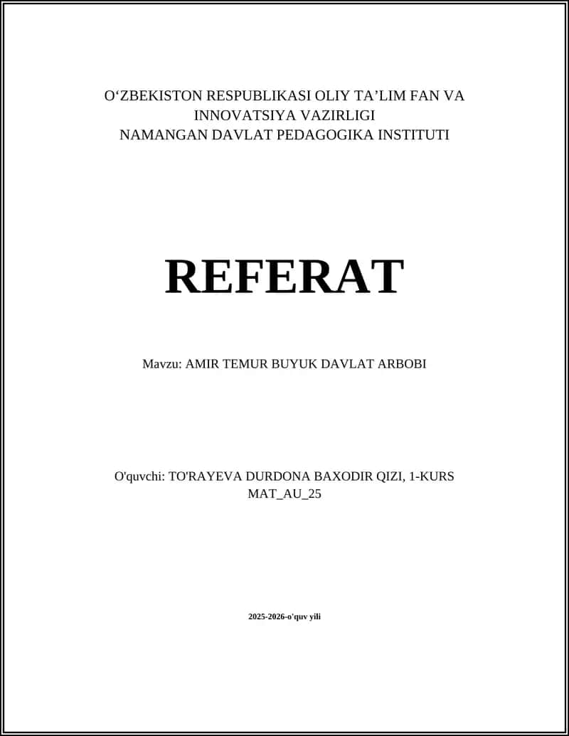 AMIR TEMUR BUYUK DAVLAT ARBOBI