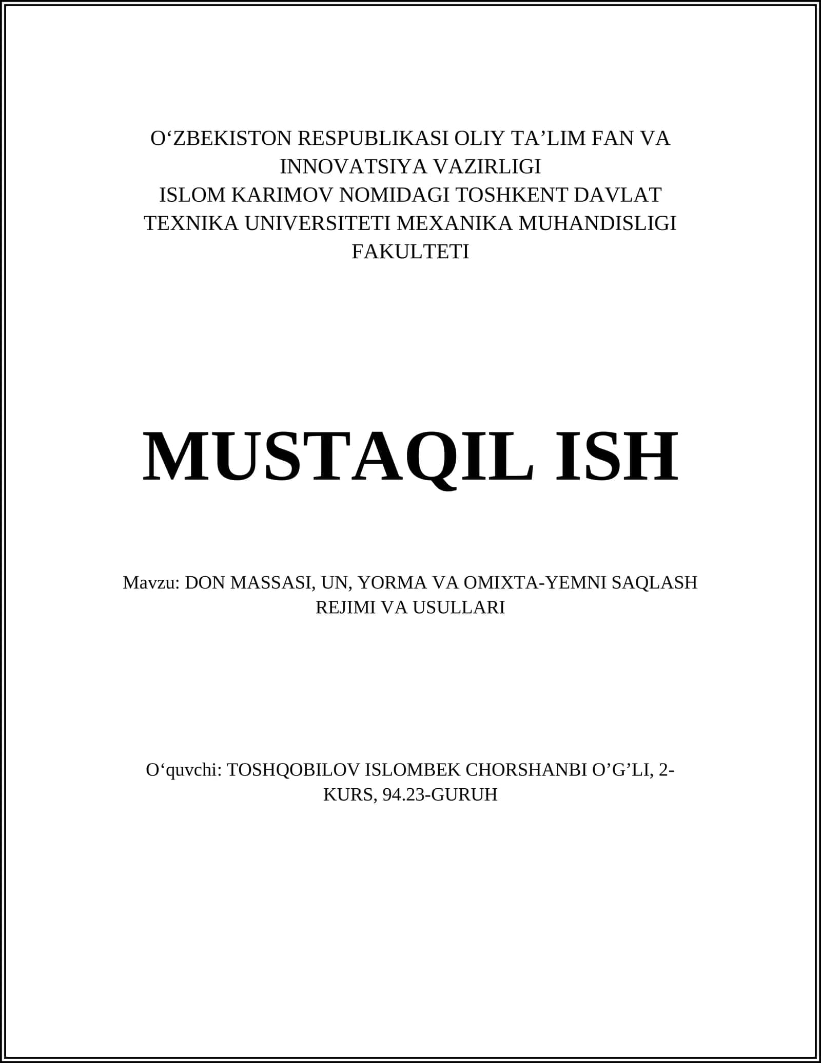 DON MASSASI, UN, YORMA VA OMIXTA-YEMNI SAQLASH REJIMI VA USULLARI