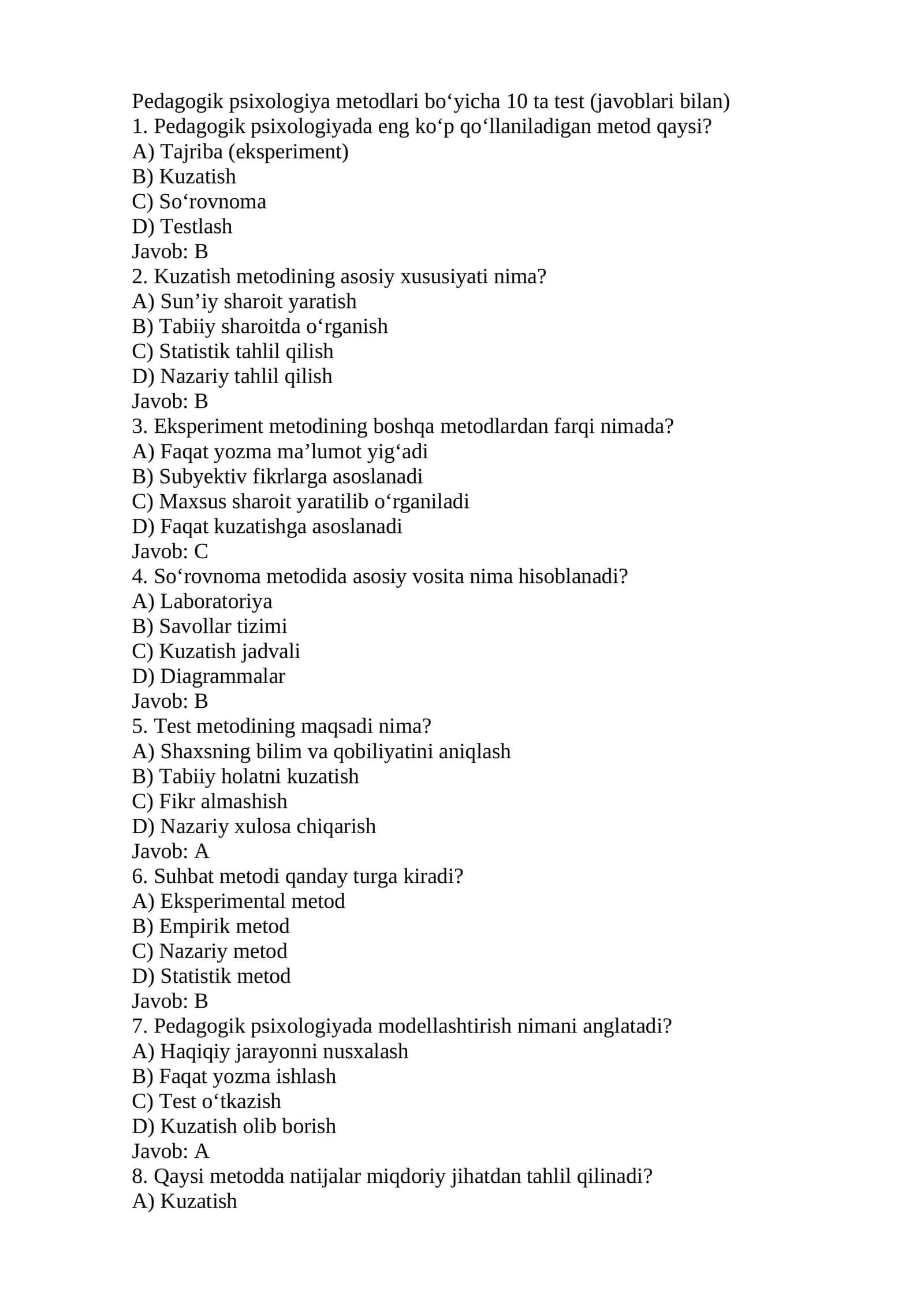 Pedagogik psixologiya metodlari bo‘yicha 10 ta test (javoblari bilan)