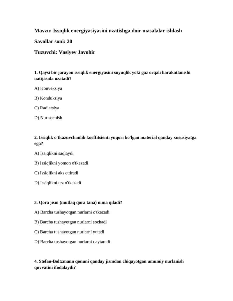 Issiqlik energiyasiyasini uzatishga doir masalalar ishlash