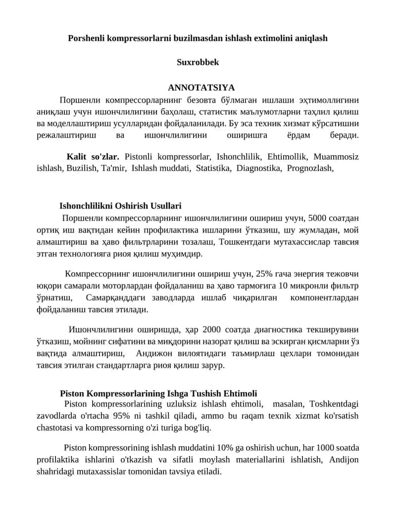 Porshenli kompressorlarni buzilmasdan ishlash extimolini aniqlash
