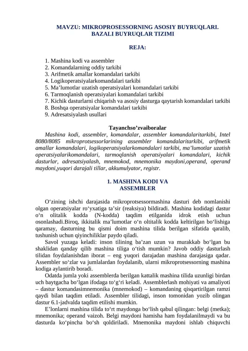 MIKROPROSESSORNING ASOSIY BUYRUQLARI