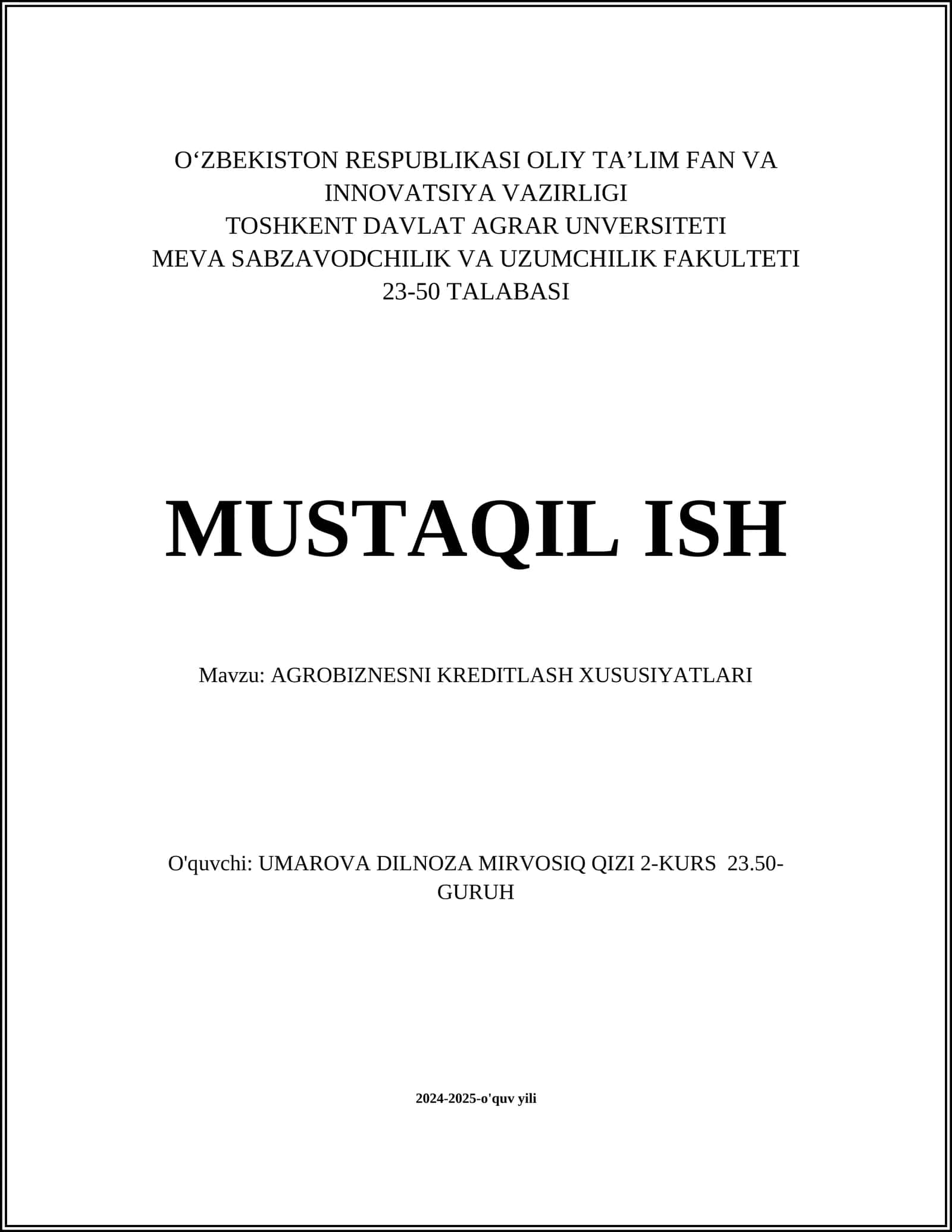 AGROBIZNESNI KREDITLASH XUSUSIYATLARI