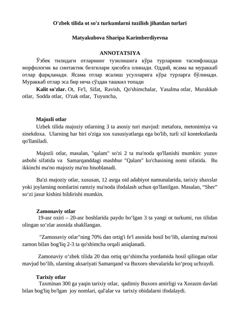 O'zbek tilida ot so'z turkumlarni tuzilish jihatdan turlari