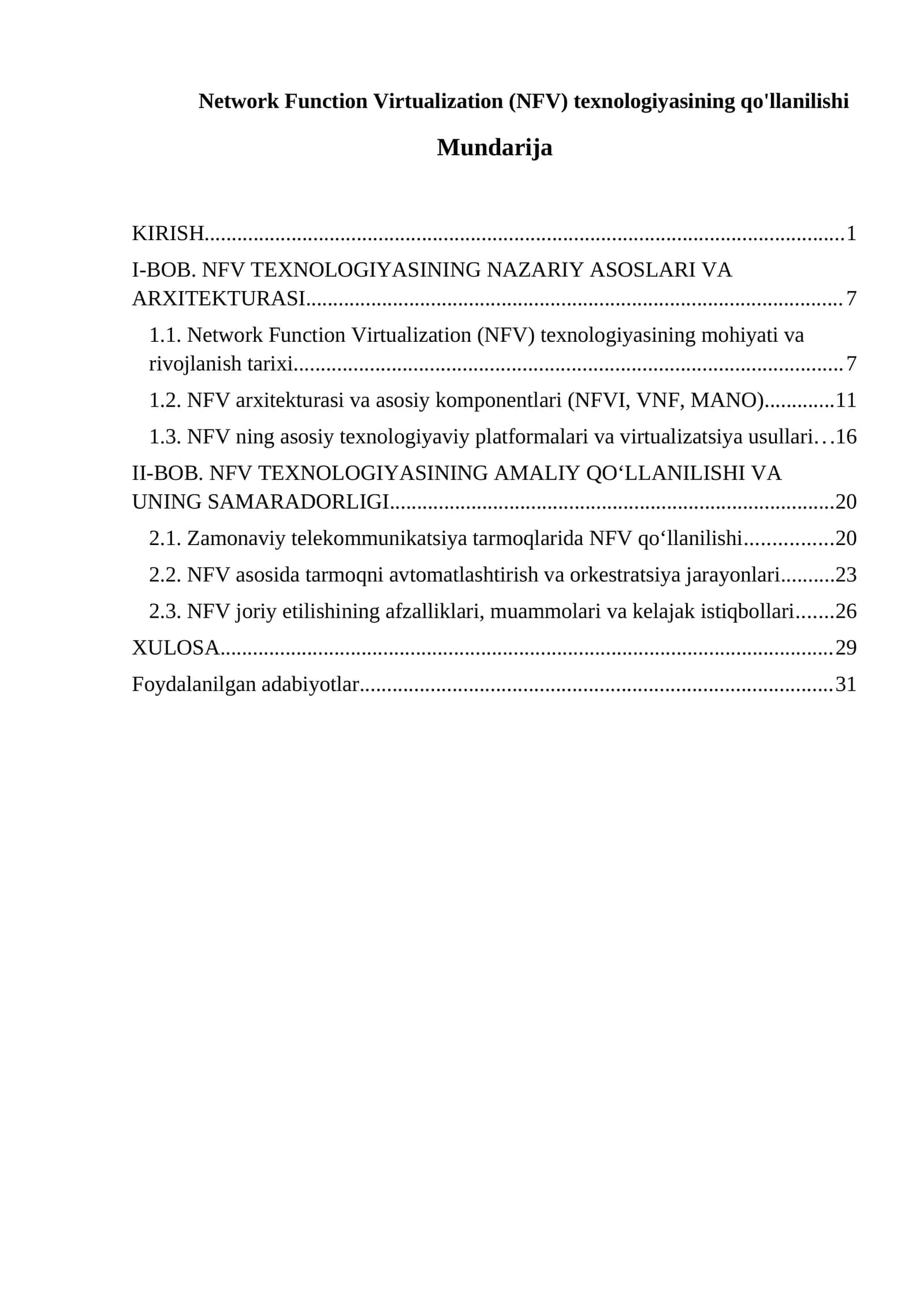 Network Function Virtualization (NFV) texnologiyasining qo'llanilishi