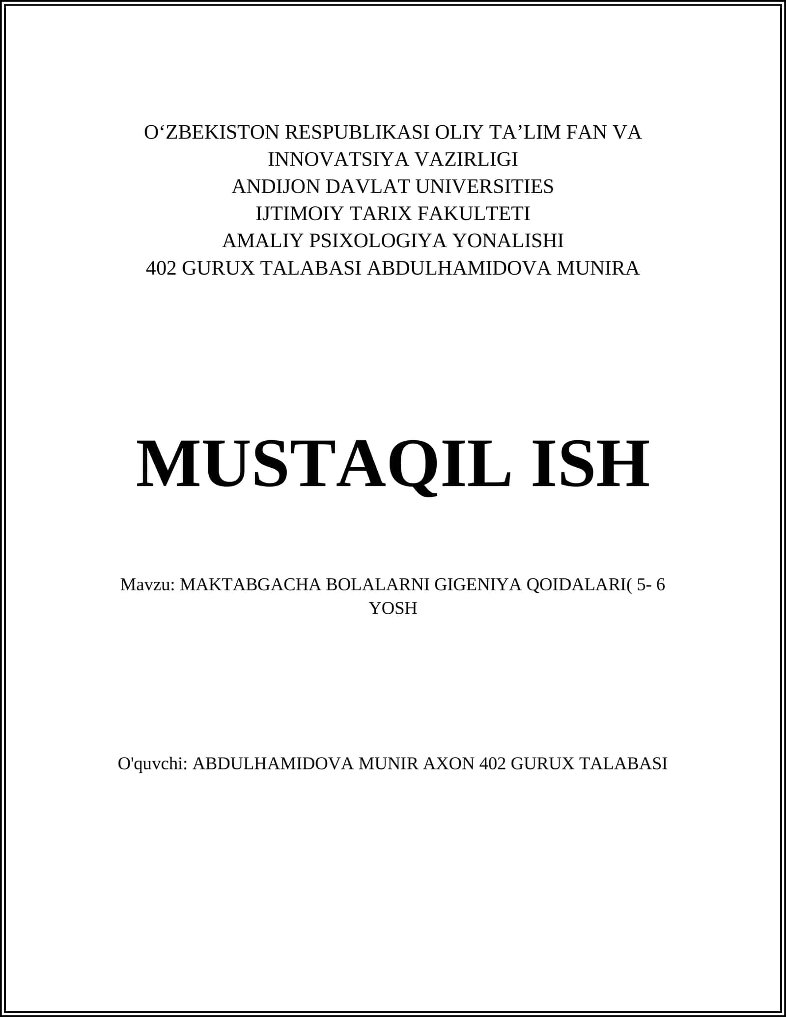MAKTABGACHA BOLALARNI GIGENIYA QOIDALARI( 5- 6 YOSH)
