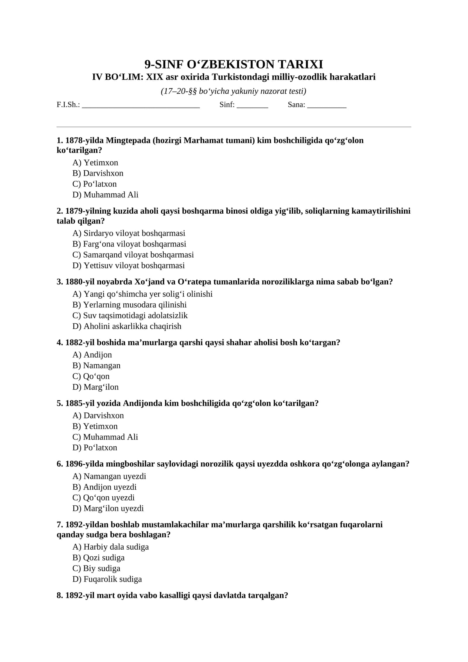 Mavzulashtirilgan testlar | 9-SINF O‘ZBEKISTON TARIXI IV boʻlim