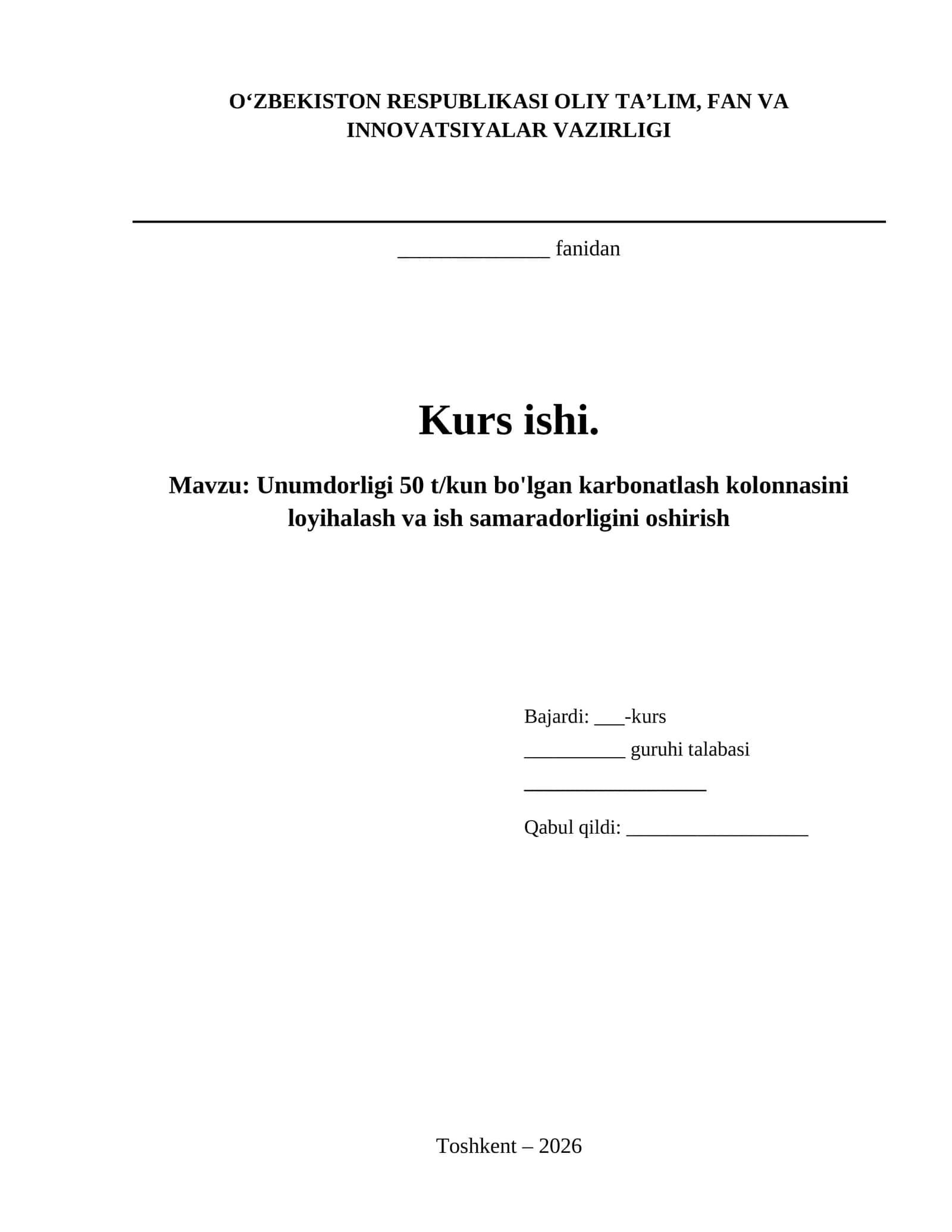 Unumdorligi 50 t/kun bo'lgan karbonatlash kolonnasini loyihalash va ish samaradorligini oshirish