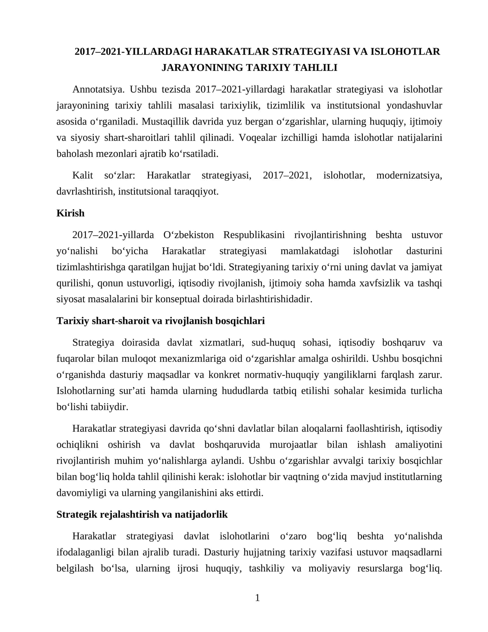 2017–2021-YILLARDAGI HARAKATLAR STRATEGIYASI VA ISLOHOTLAR JARAYONINING TARIXIY TAHLILI